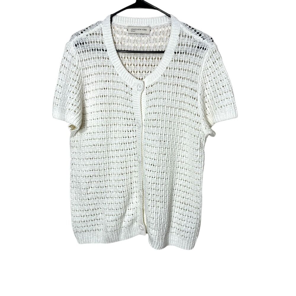 Jones New York Sport White Knit Linen Blend Cardigan Sweater Size‎ M